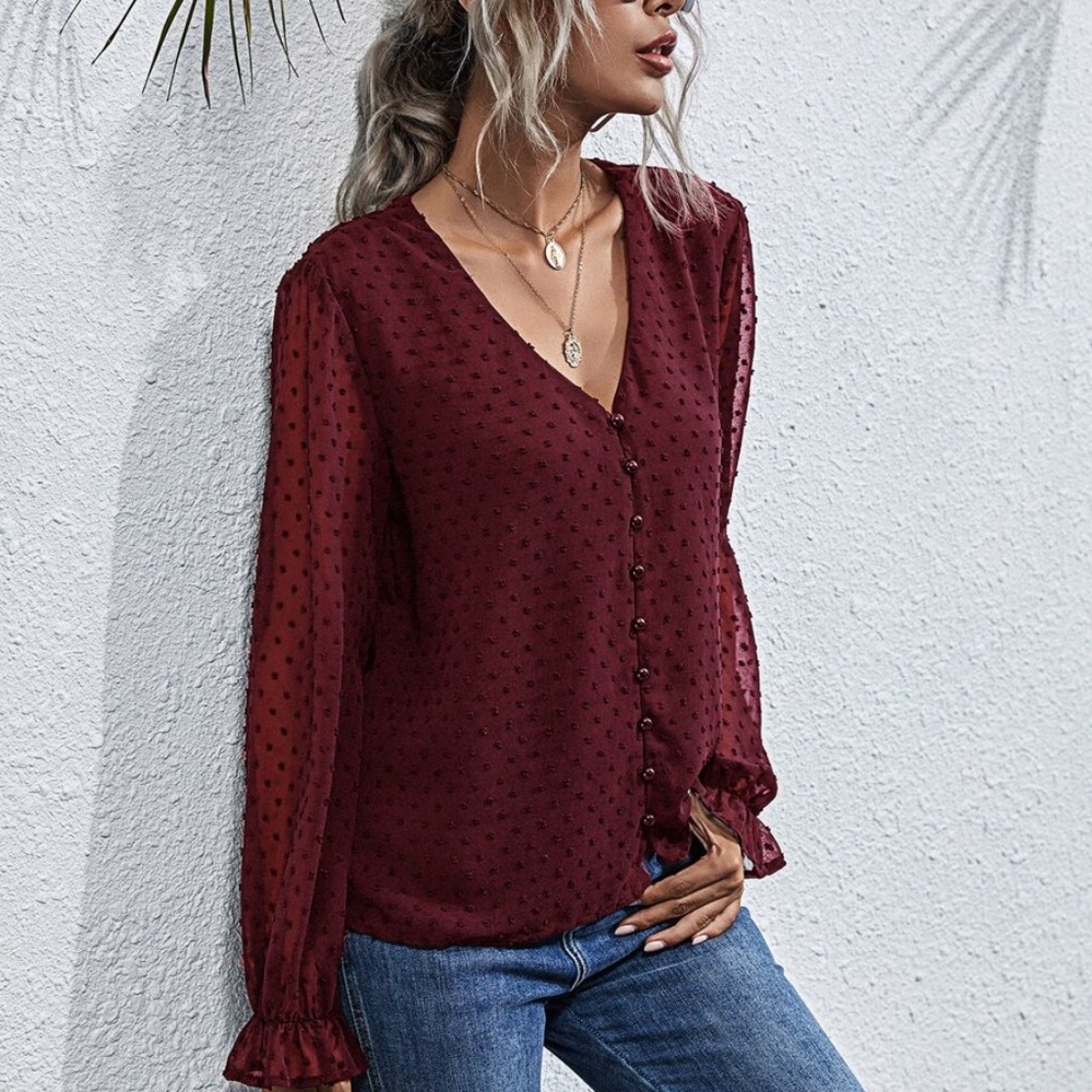 swiss dot v neck button chiffon long sleeve top - Picture 9 of 16